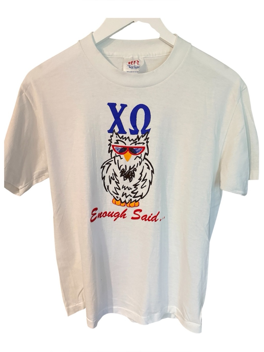 Vintage "Hef-T by Tee Jays," a White Owl Graphic T-Shirt with Blue Greek Letters